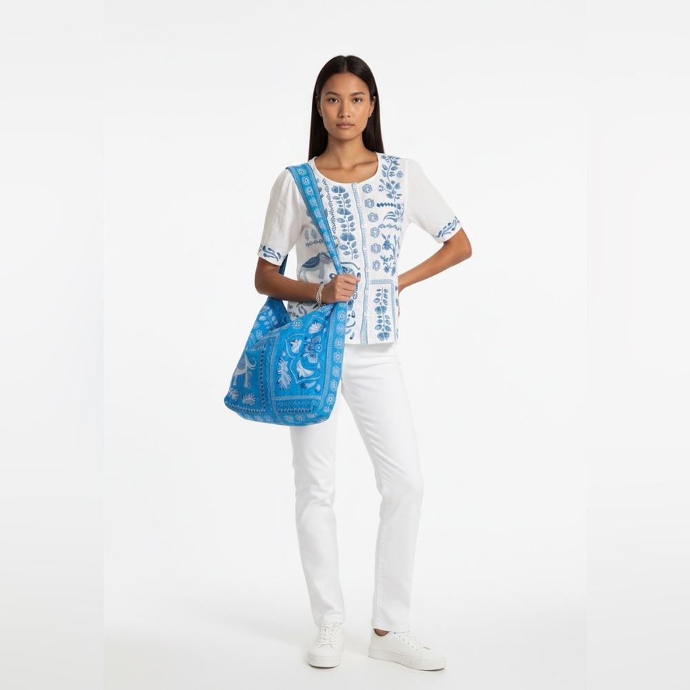 JOHNNY WAS Yadira Wide Strap Linen Tote Bag DVA Blue Embroidered Elephant NWT - Picture 3 of 11